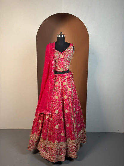 Rani Pink and Gold Zardozi Embroidered Bridal Lehenga Set
