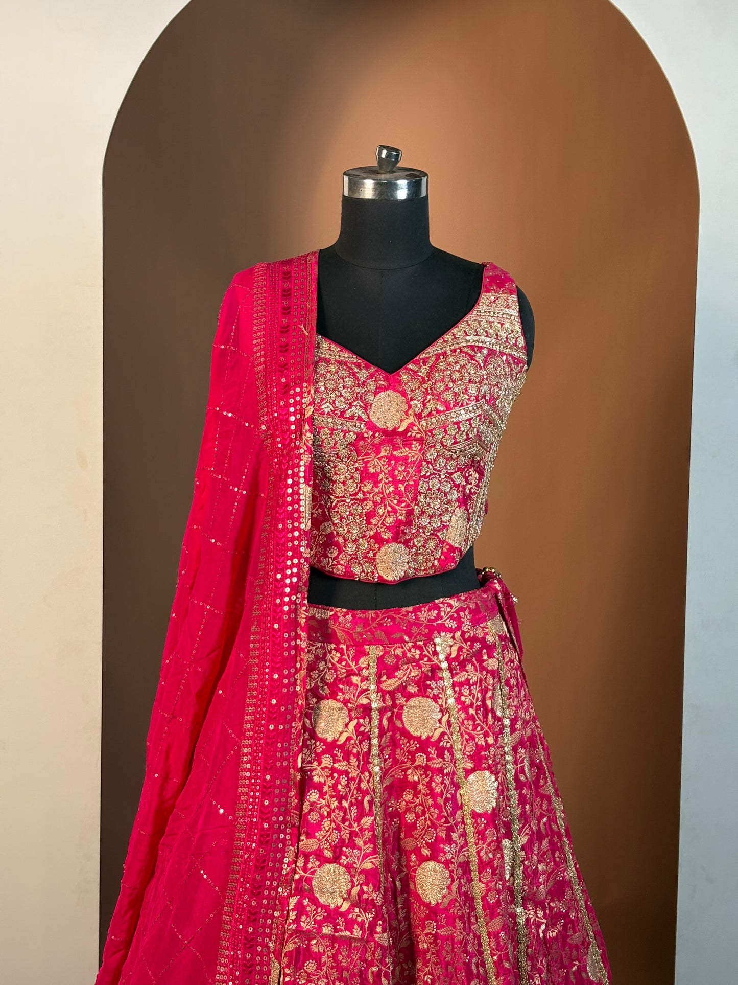 Rani Pink and Gold Zardozi Embroidered Bridal Lehenga Set