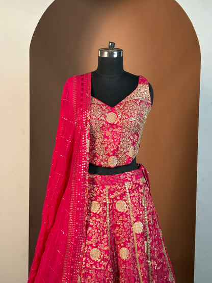 Rani Pink and Gold Zardozi Embroidered Bridal Lehenga Set