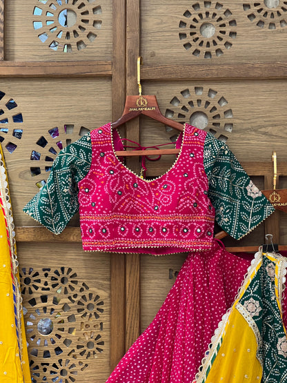 Rani Pink and Green Bandhej Navratri Chaniya Choli with Yellow Dupatta