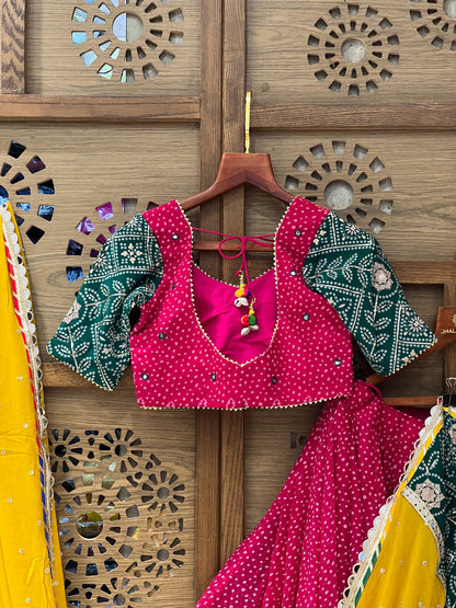 Rani Pink and Green Bandhej Navratri Chaniya Choli with Yellow Dupatta