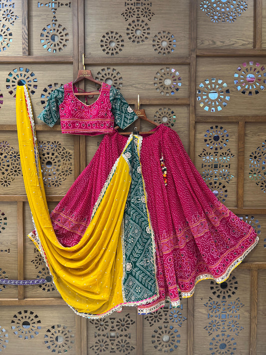 Rani Pink and Green Bandhej Navratri Chaniya Choli with Yellow Dupatta