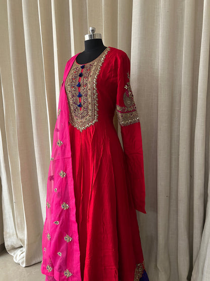 Rani Pink and Royal Blue Anarkali Suit with Zari and Mirror Embroidery