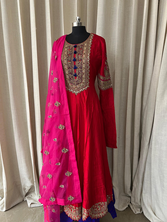Rani Pink and Royal Blue Anarkali Suit with Zari and Mirror Embroidery
