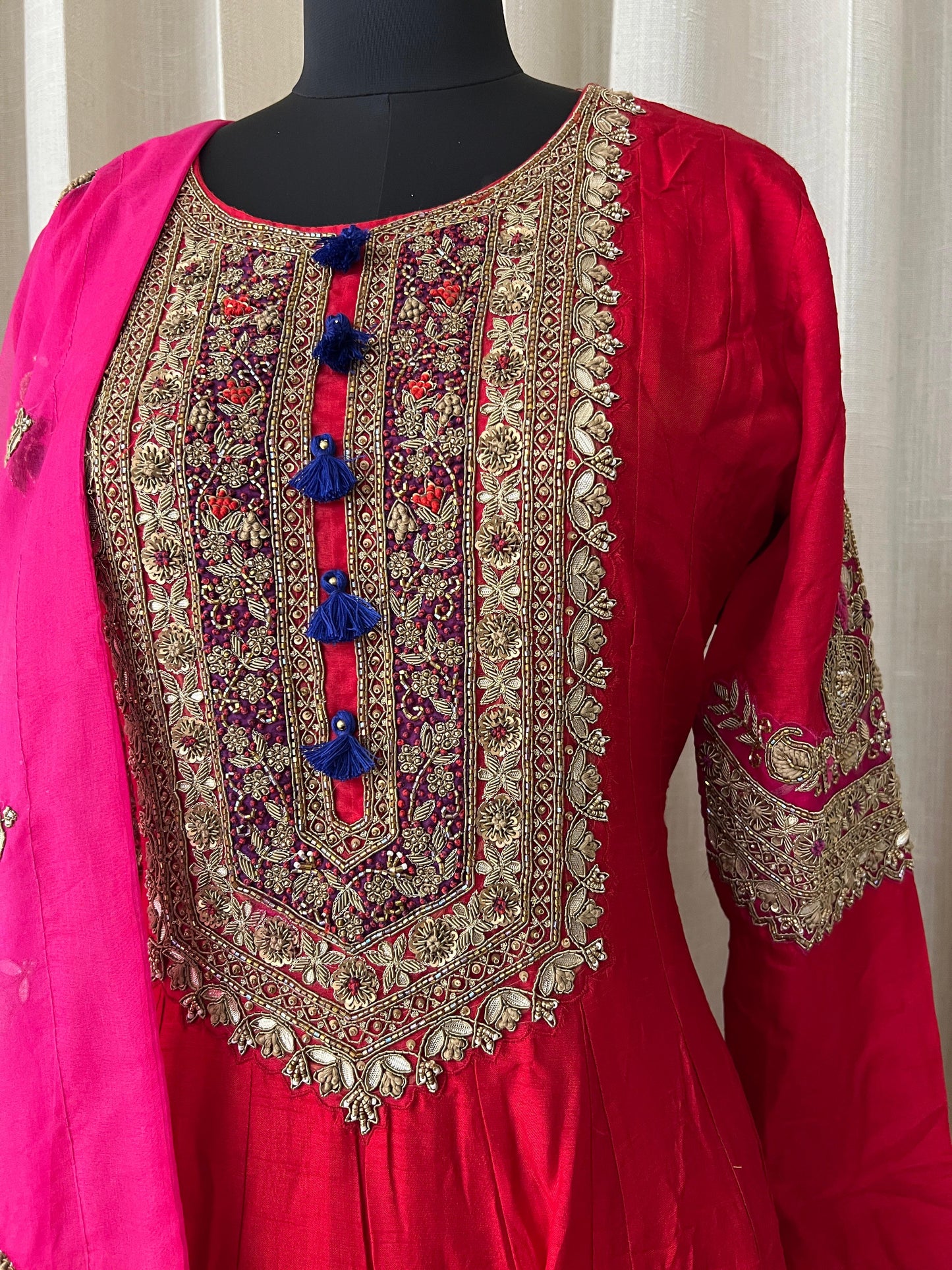 Rani Pink and Royal Blue Anarkali Suit with Zari and Mirror Embroidery