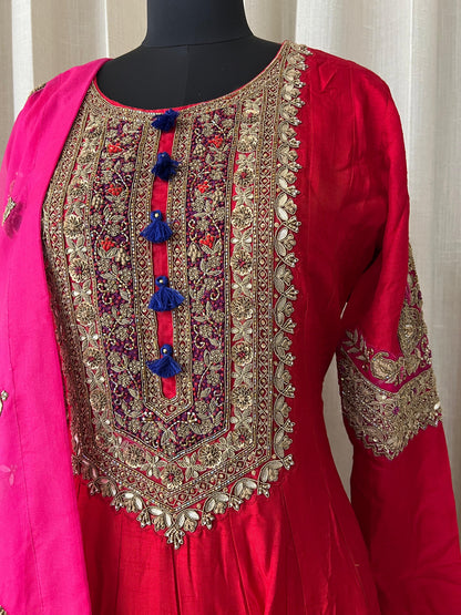 Rani Pink and Royal Blue Anarkali Suit with Zari and Mirror Embroidery