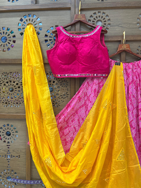 Rani Pink and Yellow Bandhej Navratri Chaniya Choli