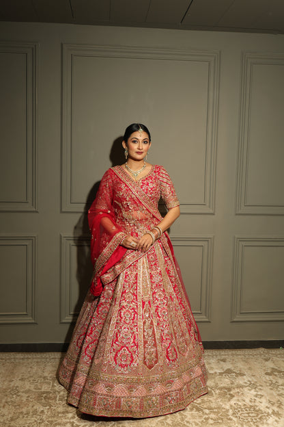 Rani Red Contemporary Zardozi Embroidered Bridal Lehenga Set