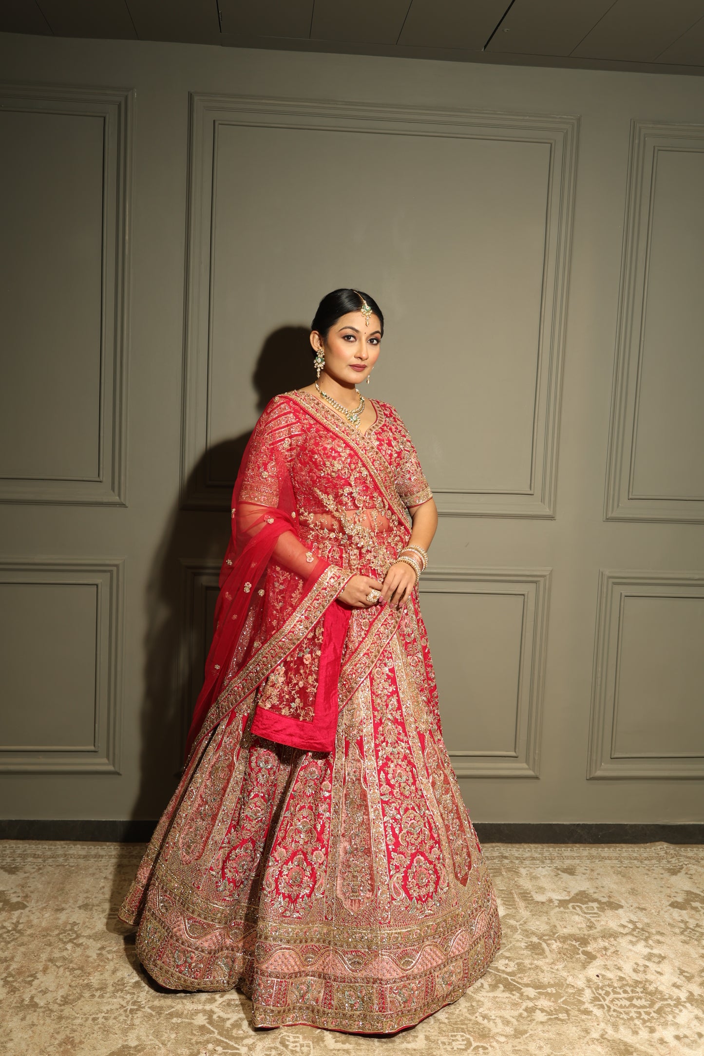 Rani Red Contemporary Zardozi Embroidered Bridal Lehenga Set