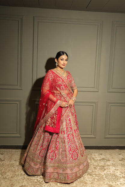 Rani Red Contemporary Zardozi Embroidered Bridal Lehenga Set
