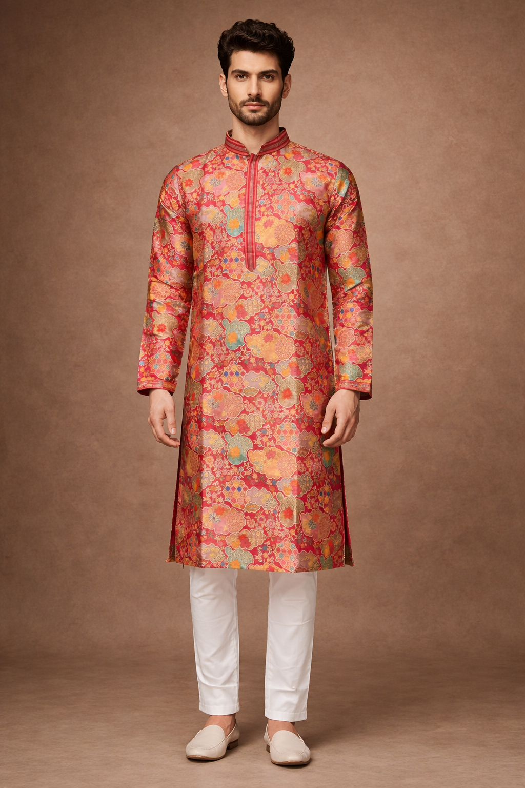 Rani Red Multicolor Floral Brocade Silk Kurta Set