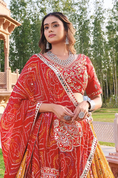 Rani Red and Mustard Yellow Gujarati Patola Print Navratri Chaniya Choli