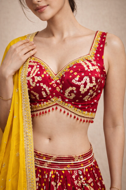 Red Bandhani Printed Navratri Chaniya Choli with Yellow Dupatta
