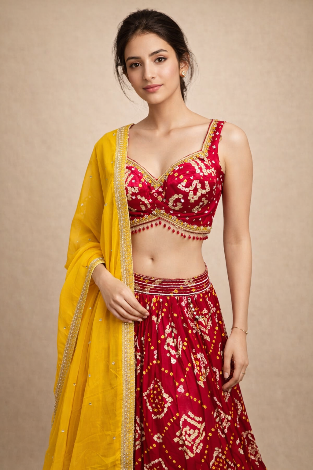 Red Bandhani Printed Navratri Chaniya Choli with Yellow Dupatta
