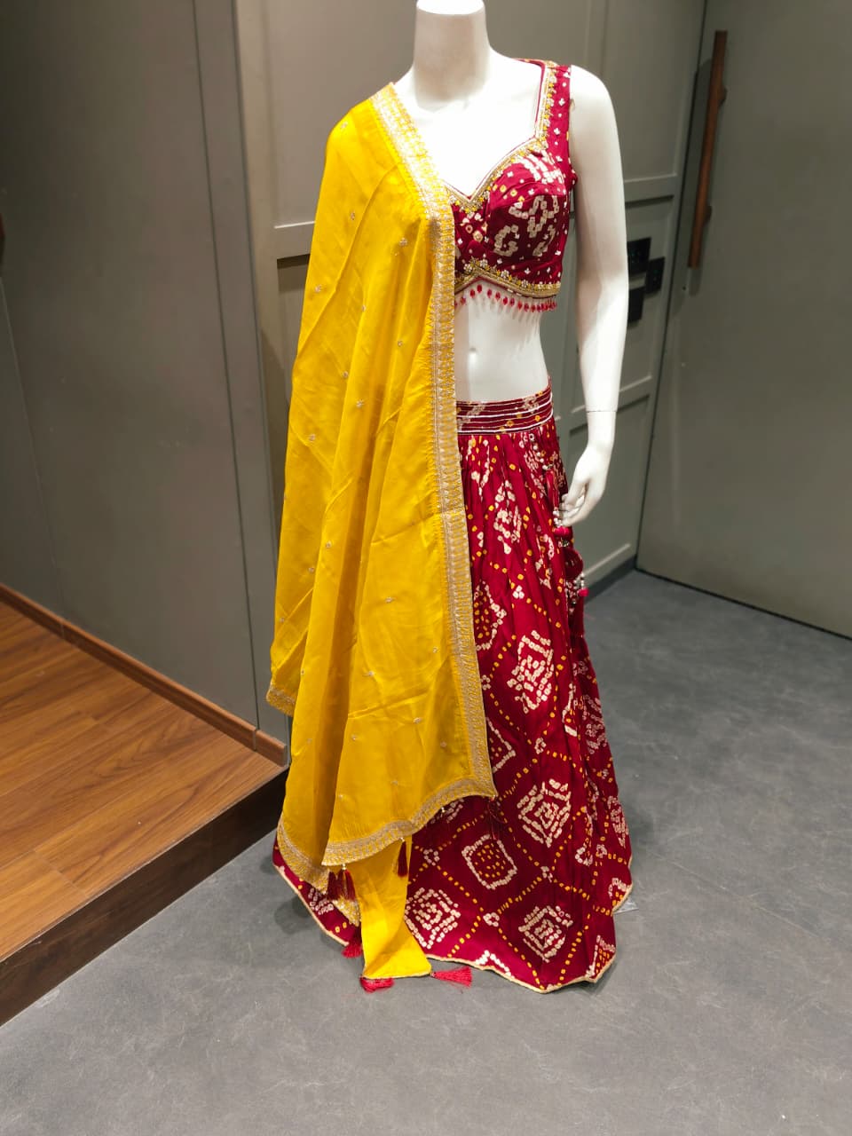 Red Bandhani Printed Navratri Chaniya Choli with Yellow Dupatta