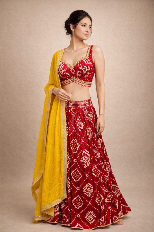 Red Bandhani Printed Navratri Chaniya Choli with Yellow Dupatta