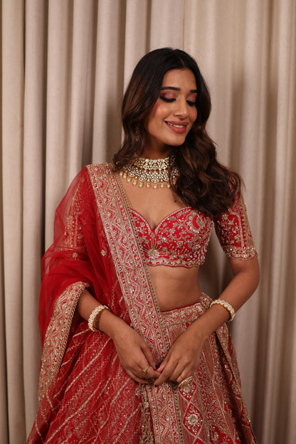 Red Embroidered Bridal Lehenga