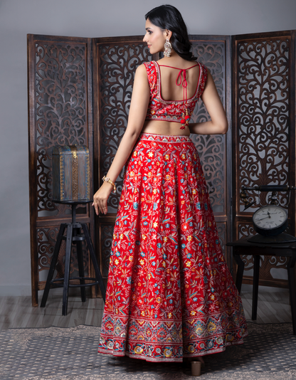 Red & Blue Flora Embroidered Lehenga Choli