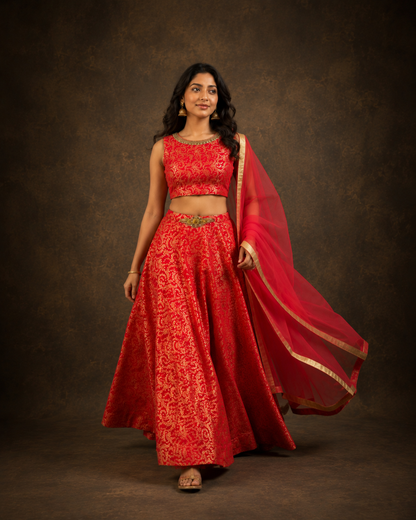 Red and Gold Banarasi Jacquard Lehenga Choli with Traditional Floral Weaving & Soft Net Dupatta