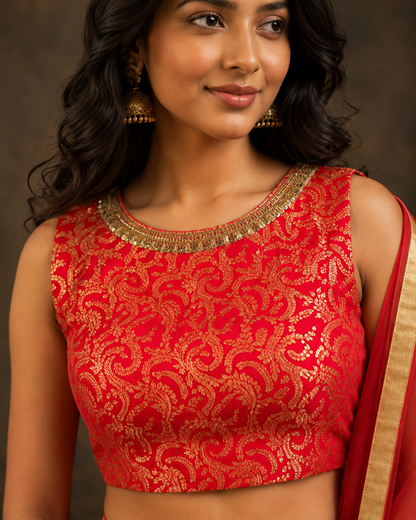 Red and Gold Banarasi Jacquard Lehenga Choli with Traditional Floral Weaving & Soft Net Dupatta