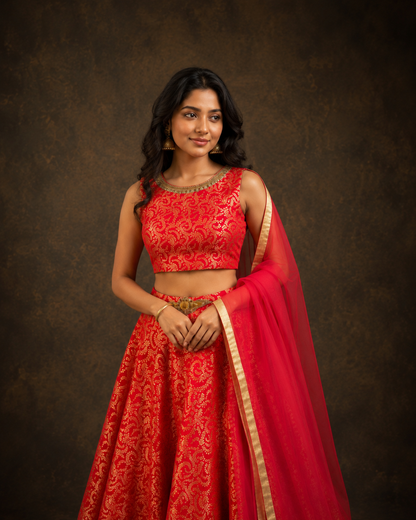 Red and Gold Banarasi Jacquard Lehenga Choli with Traditional Floral Weaving & Soft Net Dupatta