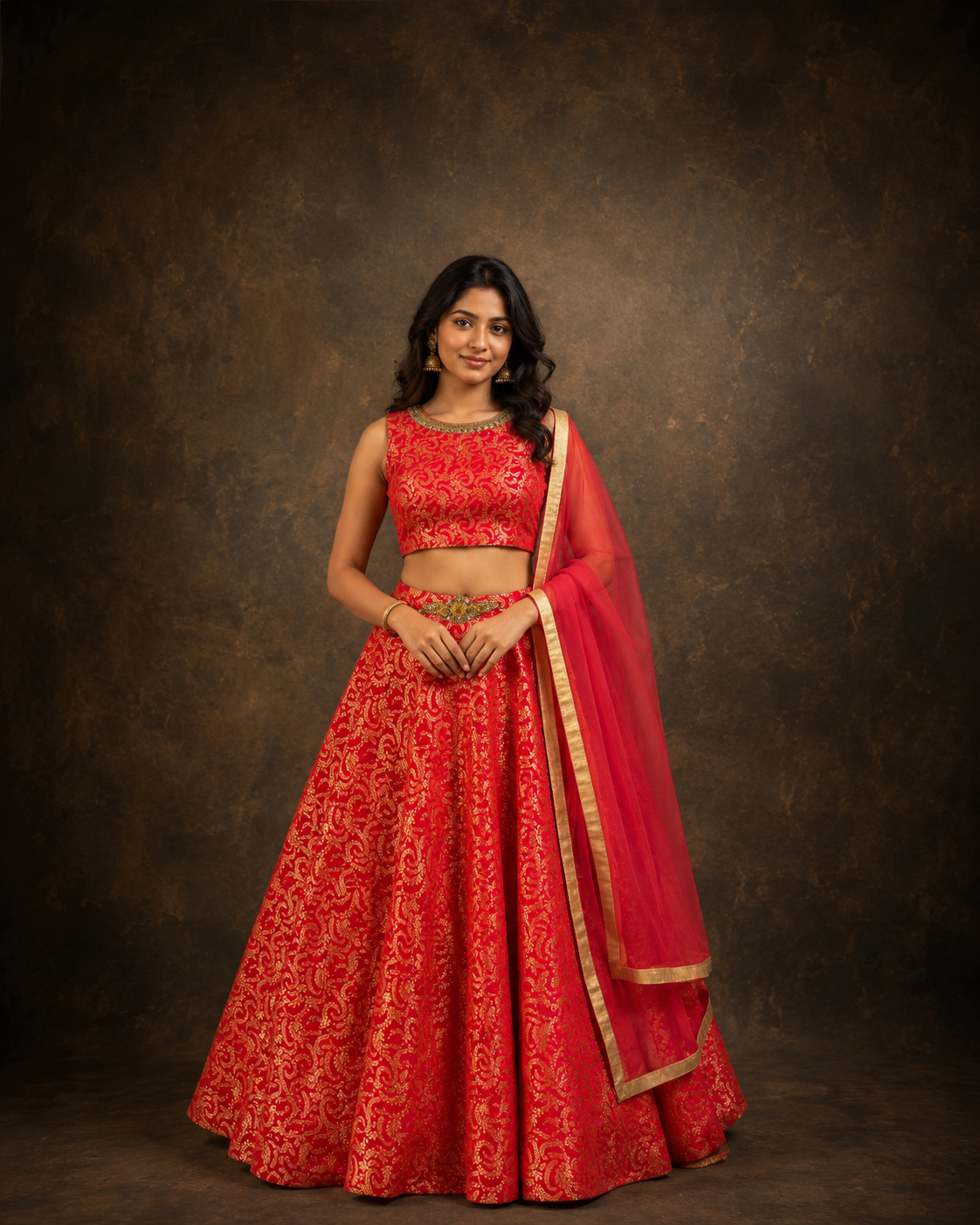Red and Gold Banarasi Jacquard Lehenga Choli with Traditional Floral Weaving & Soft Net Dupatta