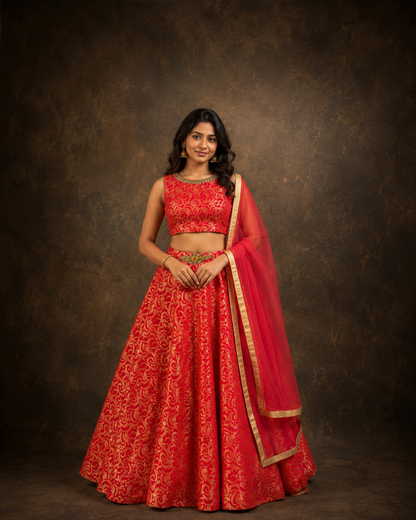 Red and Gold Banarasi Jacquard Lehenga Choli with Traditional Floral Weaving & Soft Net Dupatta