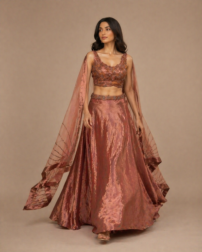 Rose Copper Metallic Embroidered Lehenga Set