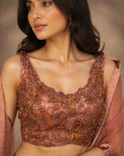 Rose Copper Metallic Embroidered Lehenga Set
