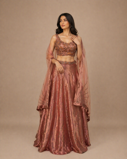 Rose Copper Metallic Embroidered Lehenga Set