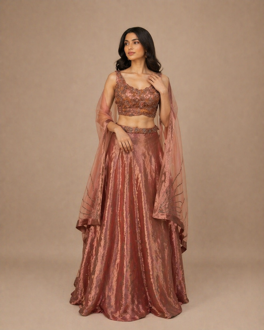 Rose Copper Metallic Embroidered Lehenga Set