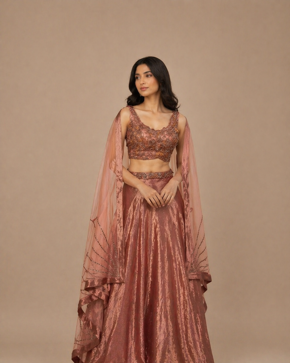 Rose Copper Metallic Embroidered Lehenga Set