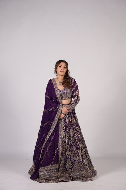 Royal Amethyst Purple Zari-Embroidered Lehenga Choli