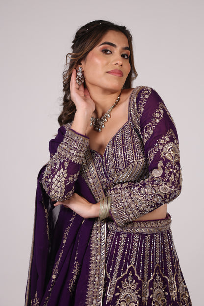 Royal Amethyst Purple Zari-Embroidered Lehenga Choli