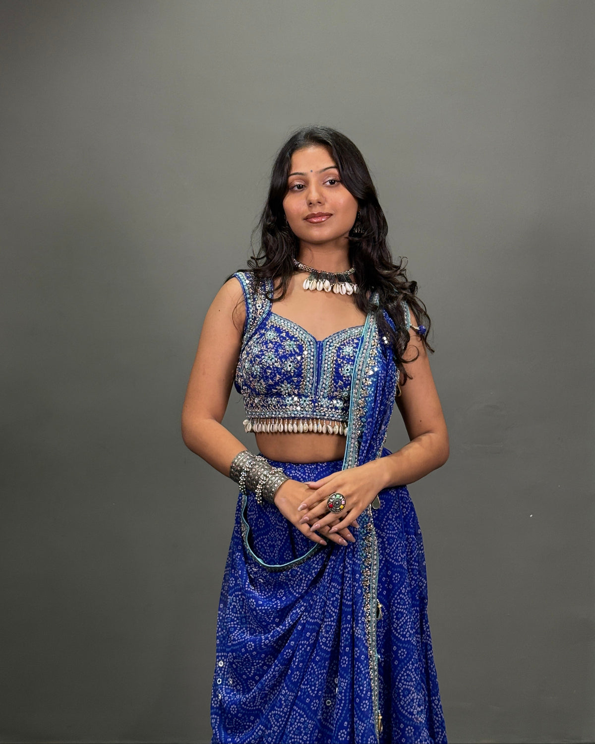 Royal Blue Bandhani Lehenga Choli with Mirror Work and Embellished Blouse