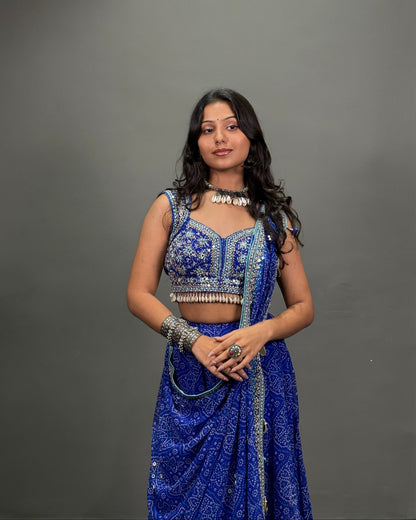 Royal Blue Bandhani Lehenga Choli with Mirror Work and Embellished Blouse