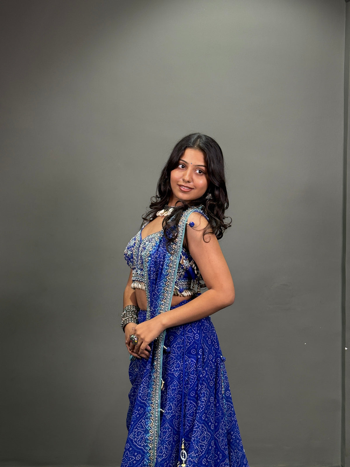 Royal Blue Bandhani Lehenga Choli with Mirror Work and Embellished Blouse