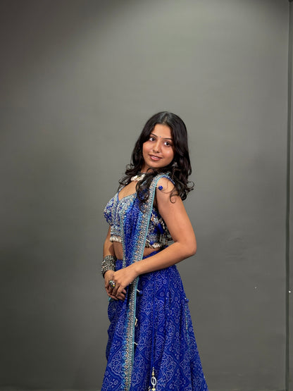 Royal Blue Bandhani Lehenga Choli with Mirror Work and Embellished Blouse