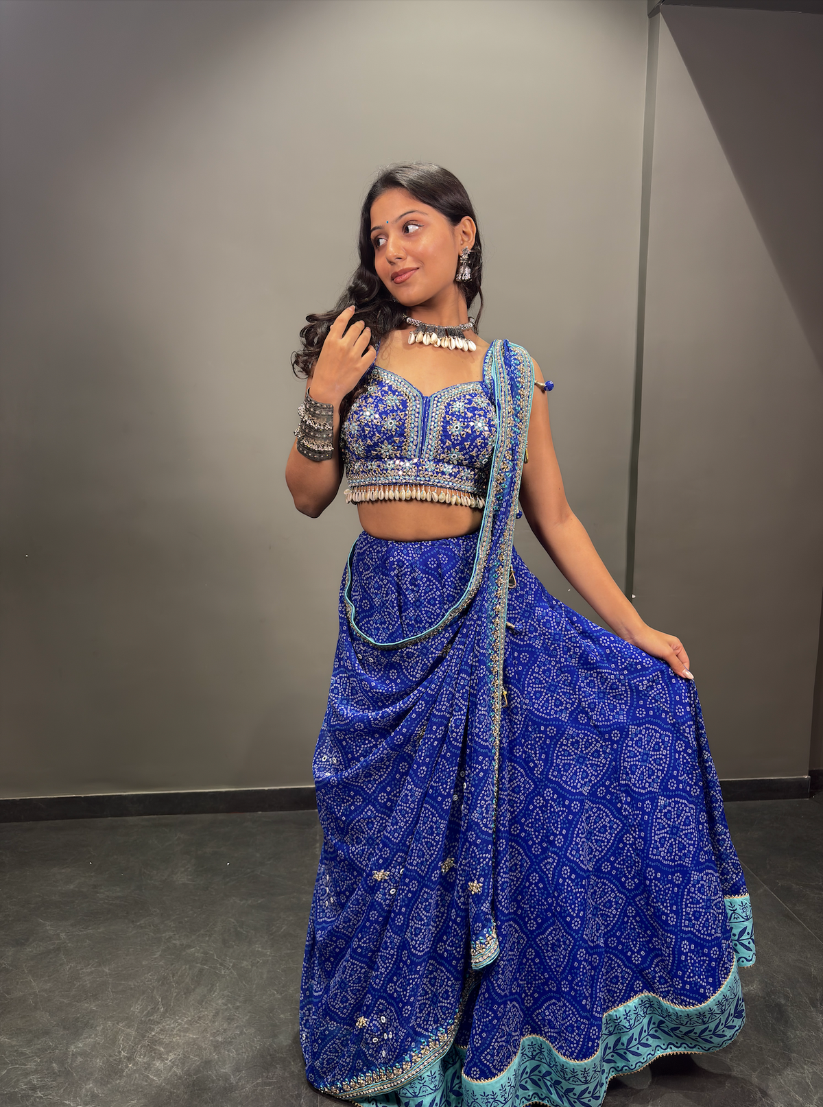 Royal Blue Bandhani Lehenga Choli with Mirror Work and Embellished Blouse