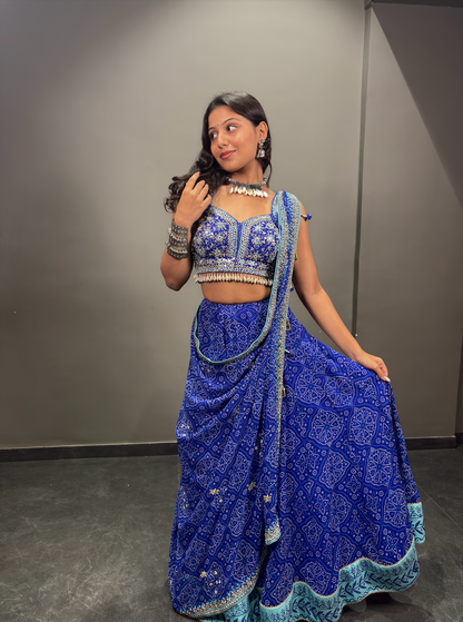 Royal Blue Bandhani Lehenga Choli with Mirror Work and Embellished Blouse