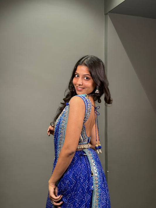 Royal Blue Bandhani Lehenga Choli with Mirror Work and Embellished Blouse