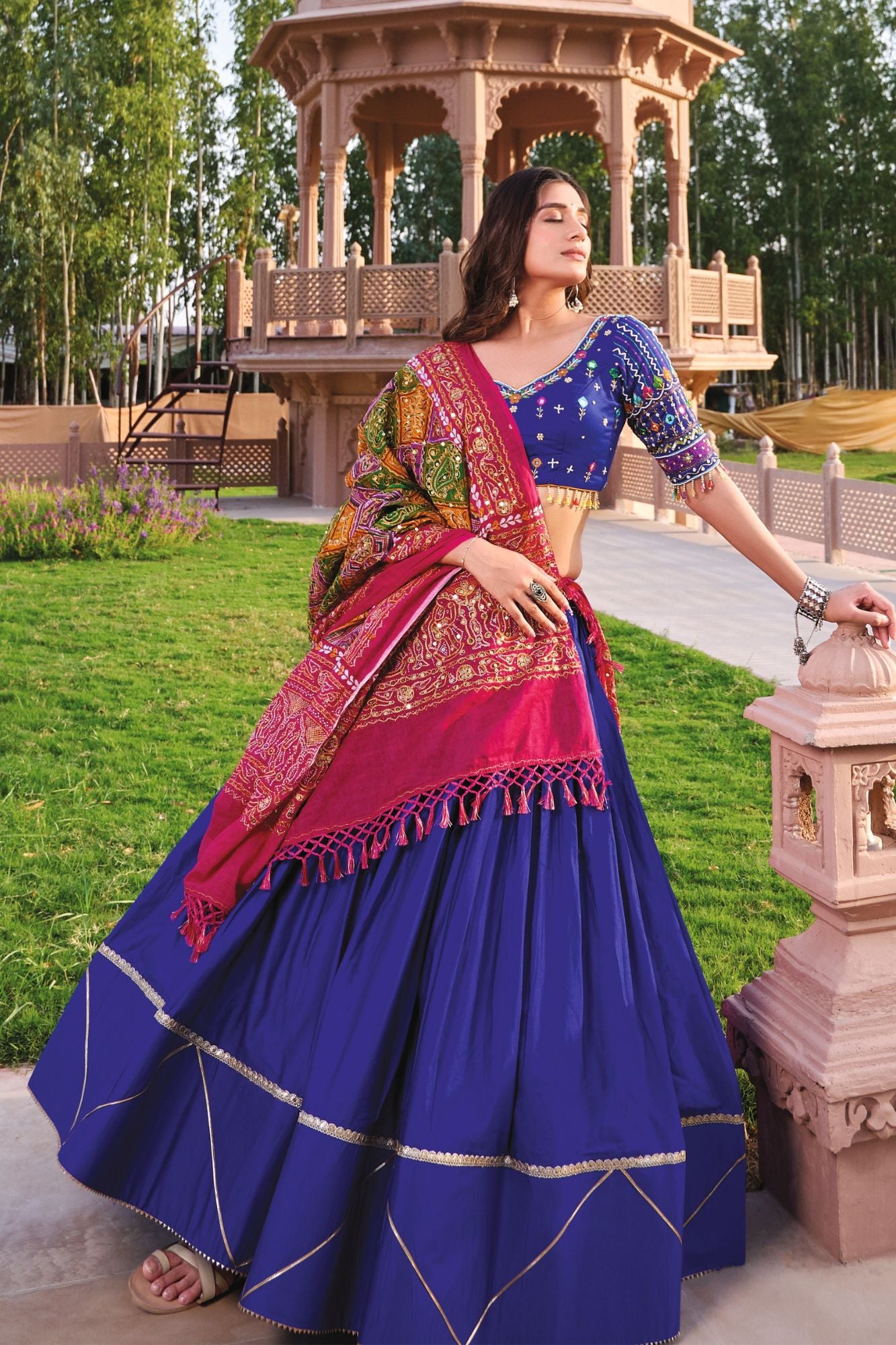 Royal Blue Chaniya Choli with Multicolor Kutchi Embroidered Dupatta & Mirror Work Blouse
