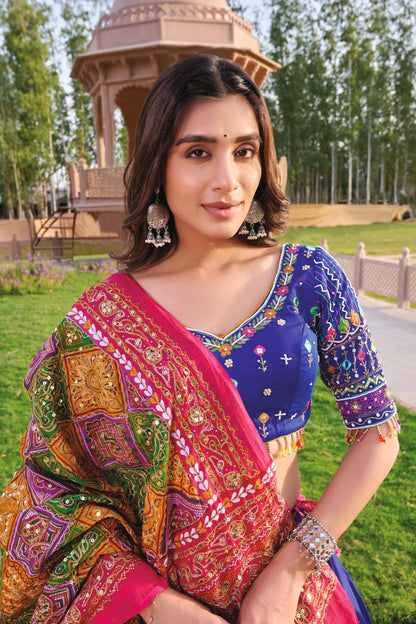 Royal Blue Chaniya Choli with Multicolor Kutchi Embroidered Dupatta & Mirror Work Blouse