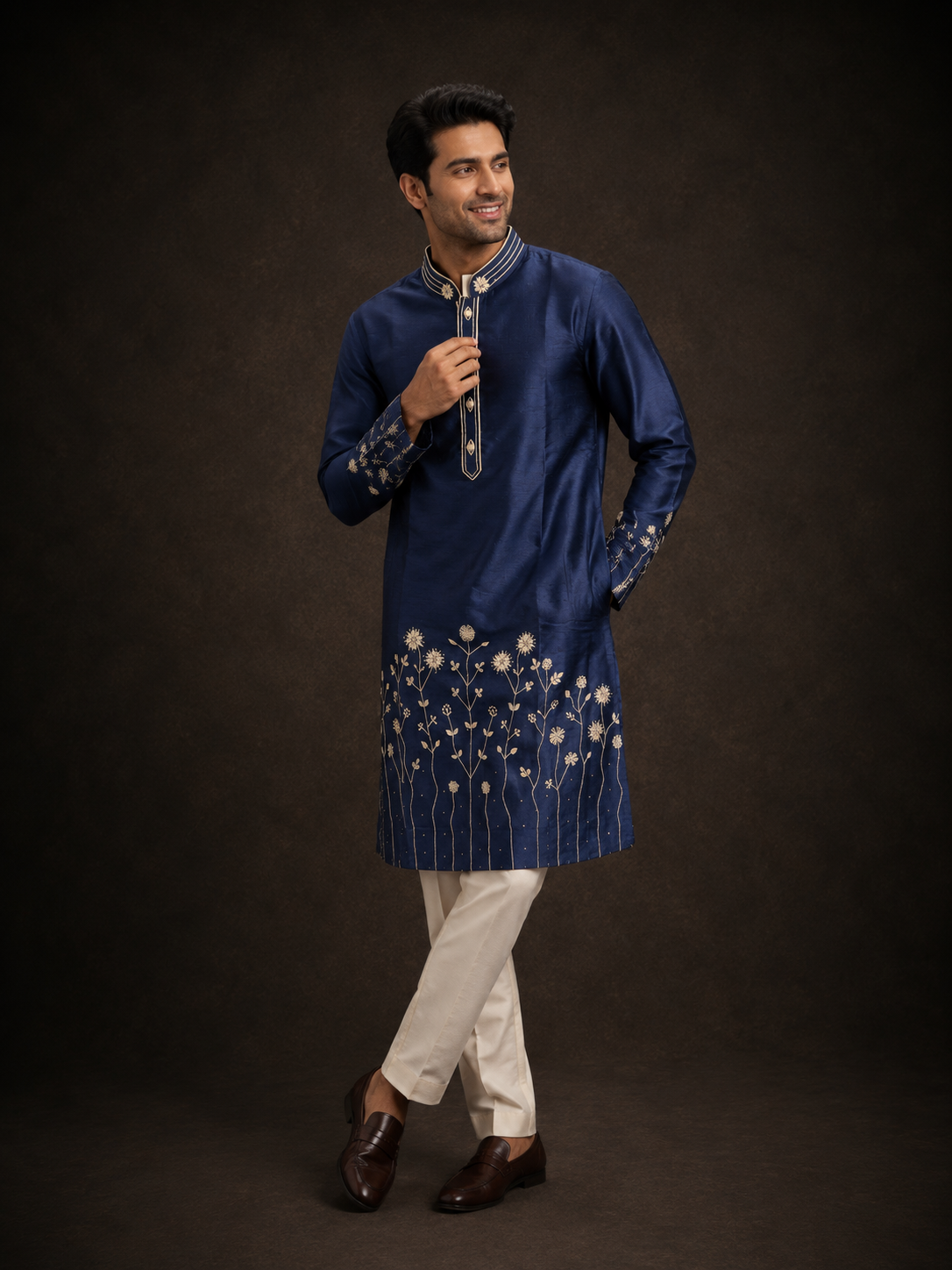 Royal Blue Embroidered Kurta for Men with Floral Thread Work and Mandarin Collar