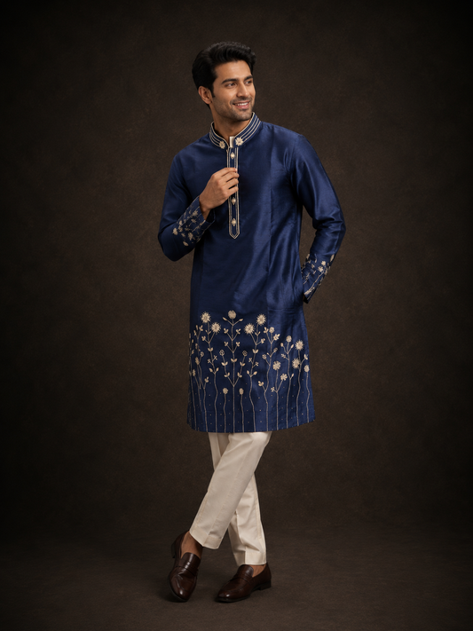 Royal Blue Embroidered Kurta for Men with Floral Thread Work and Mandarin Collar
