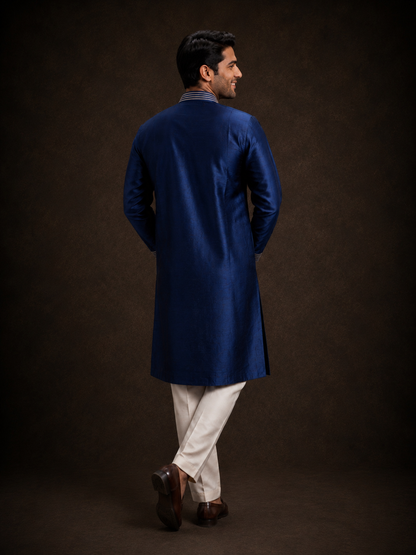 Royal Blue Embroidered Kurta for Men with Floral Thread Work and Mandarin Collar