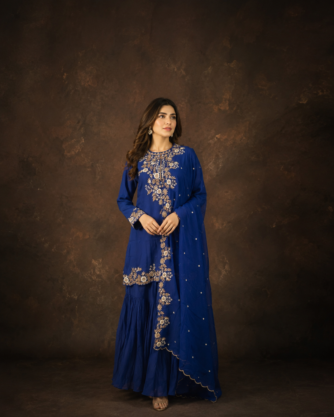 Royal Blue Floral Zari Embroidered Kurti Sharara Set with Embroidered Dupatta