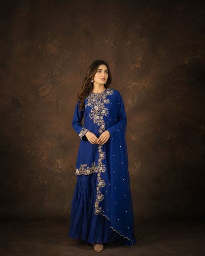 Royal Blue Floral Zari Embroidered Kurti Sharara Set with Embroidered Dupatta