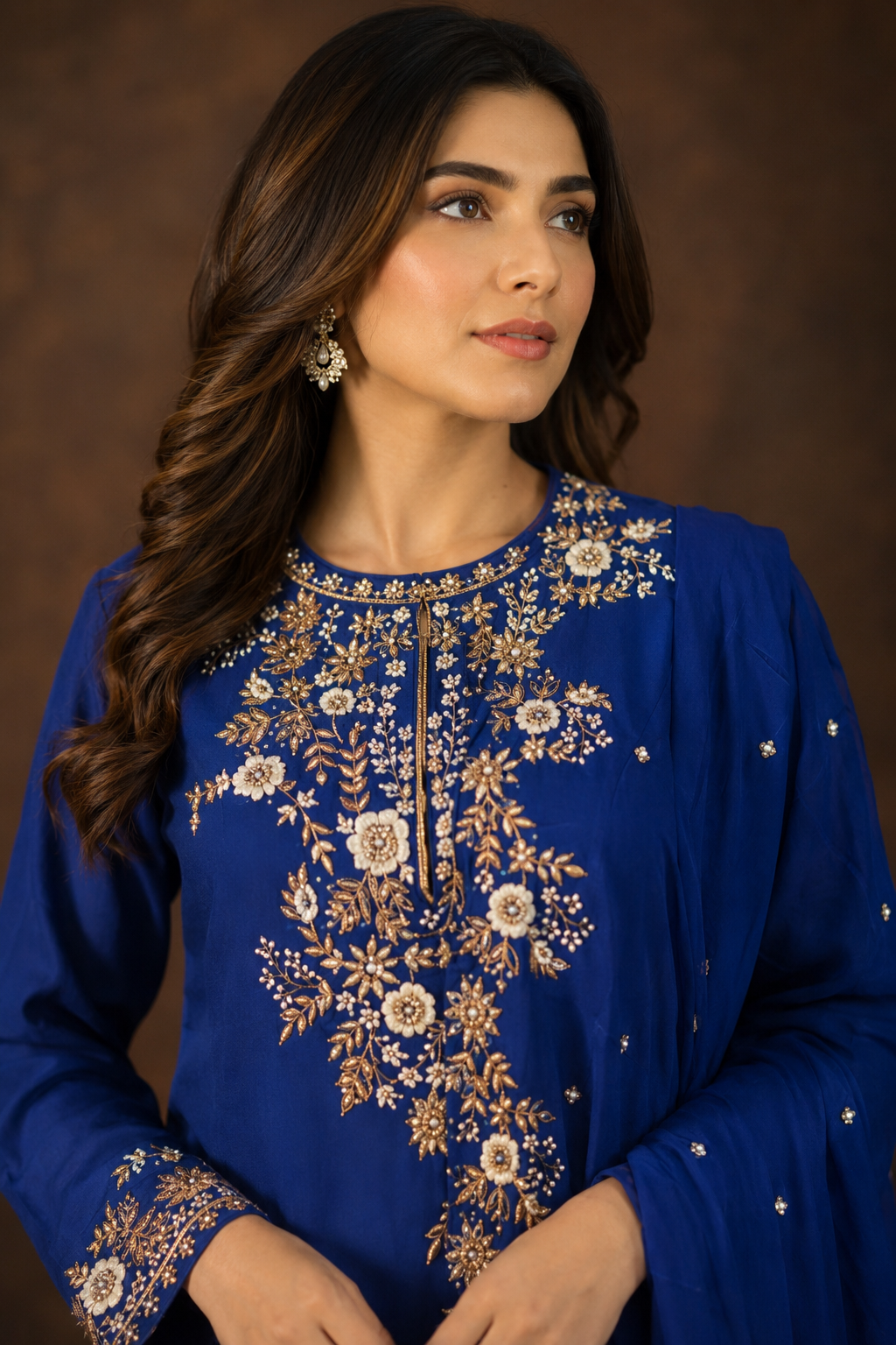 Royal Blue Floral Zari Embroidered Kurti Sharara Set with Embroidered Dupatta
