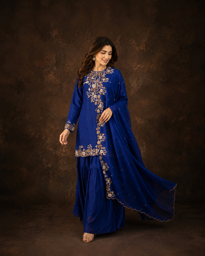 Royal Blue Floral Zari Embroidered Kurti Sharara Set with Embroidered Dupatta